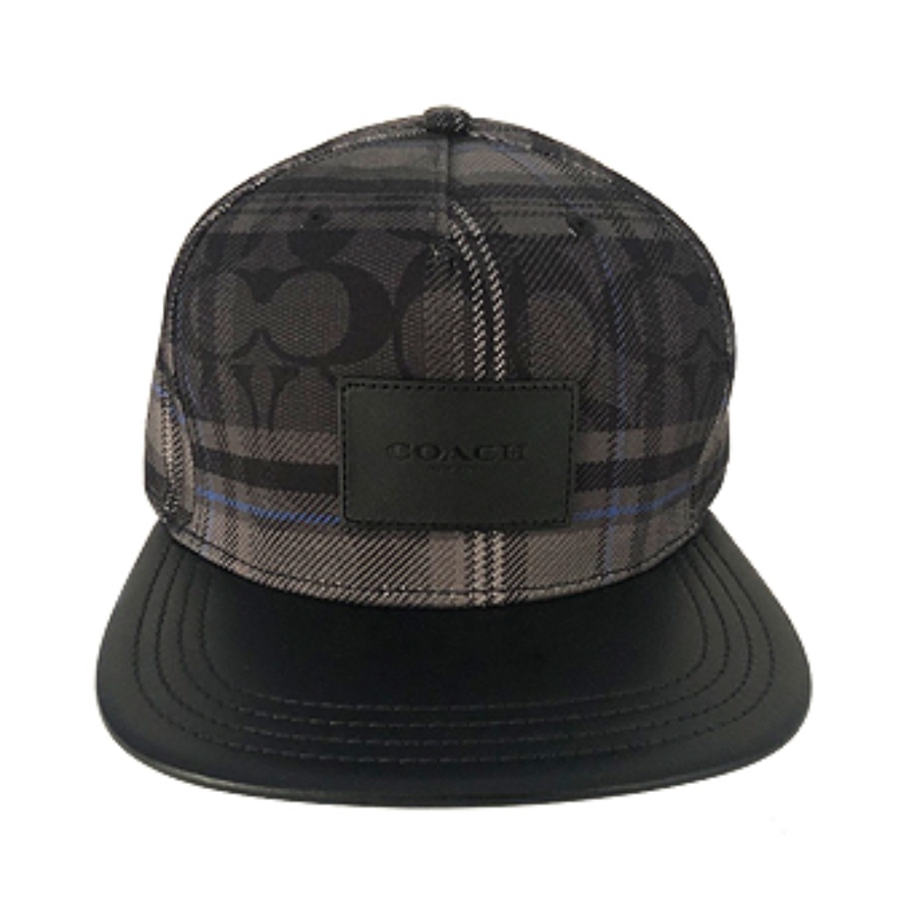 Coach Men's Signature Flat Brim Black Plaid Cap - Picture 2 of 6